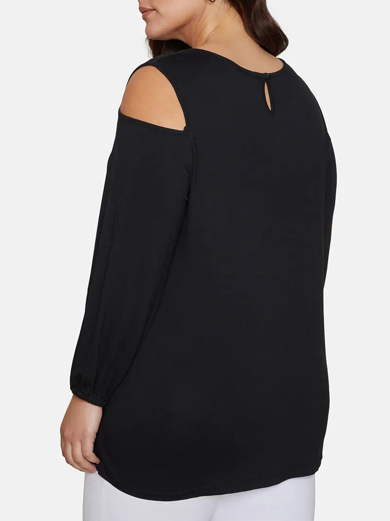 Women Fashion Casual Plus Size Lace Splicing Hollow-Out Round Neck Long-Sleeve Loose T-Shirt - Image 4