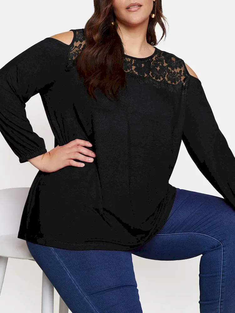 Women Fashion Casual Plus Size Lace Splicing Hollow-Out Round Neck Long-Sleeve Loose T-Shirt - Image 5