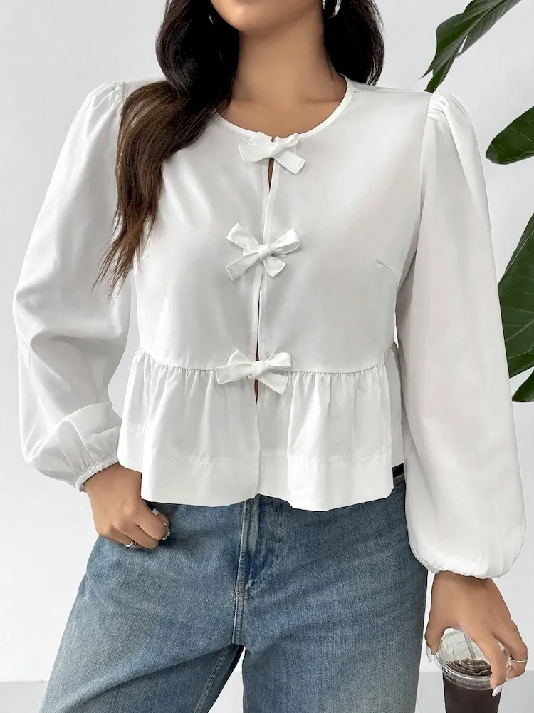 Women Fashion Elegant Plus Size Solid Color Bowknot Long Sleeve Pleated Blouse - Image 4