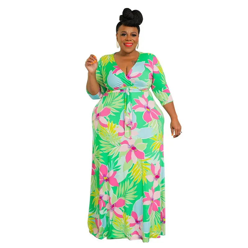 Women Fashion Casual Plus Size Floral Printed V-Neck Long-Sleeve Lace-Up Dress - Image 3