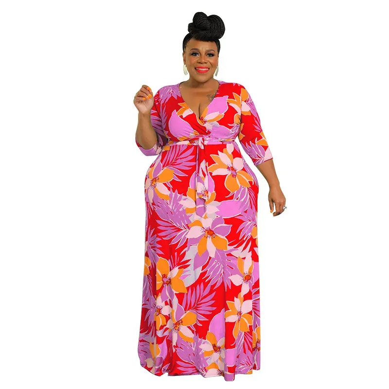 Women Fashion Casual Plus Size Floral Printed V-Neck Long-Sleeve Lace-Up Dress - Image 5
