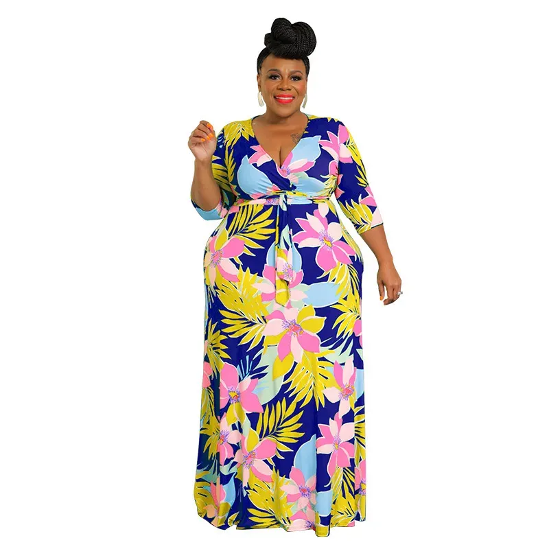 Women Fashion Casual Plus Size Floral Printed V-Neck Long-Sleeve Lace-Up Dress - Image 6