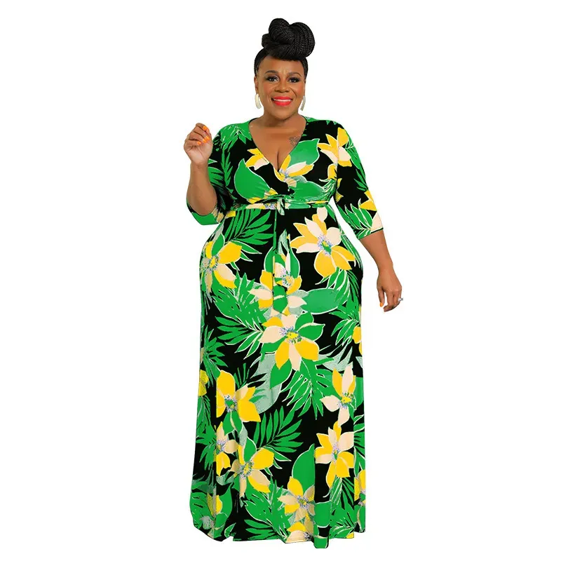 Women Fashion Casual Plus Size Floral Printed V-Neck Long-Sleeve Lace-Up Dress - Image 7