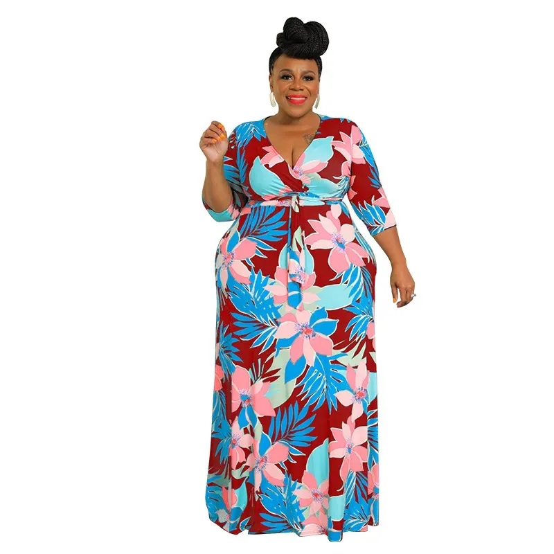 Women Fashion Casual Plus Size Floral Printed V-Neck Long-Sleeve Lace-Up Dress - Image 8
