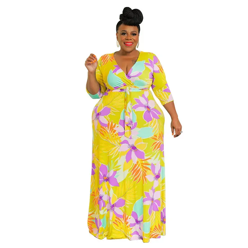Women Fashion Casual Plus Size Floral Printed V-Neck Long-Sleeve Lace-Up Dress - Image 9