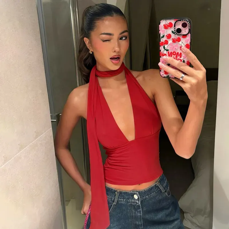 Women Fashion Sexy Solid Color Deep V-Neck Backless Lace-Up Tank Top - Image 7