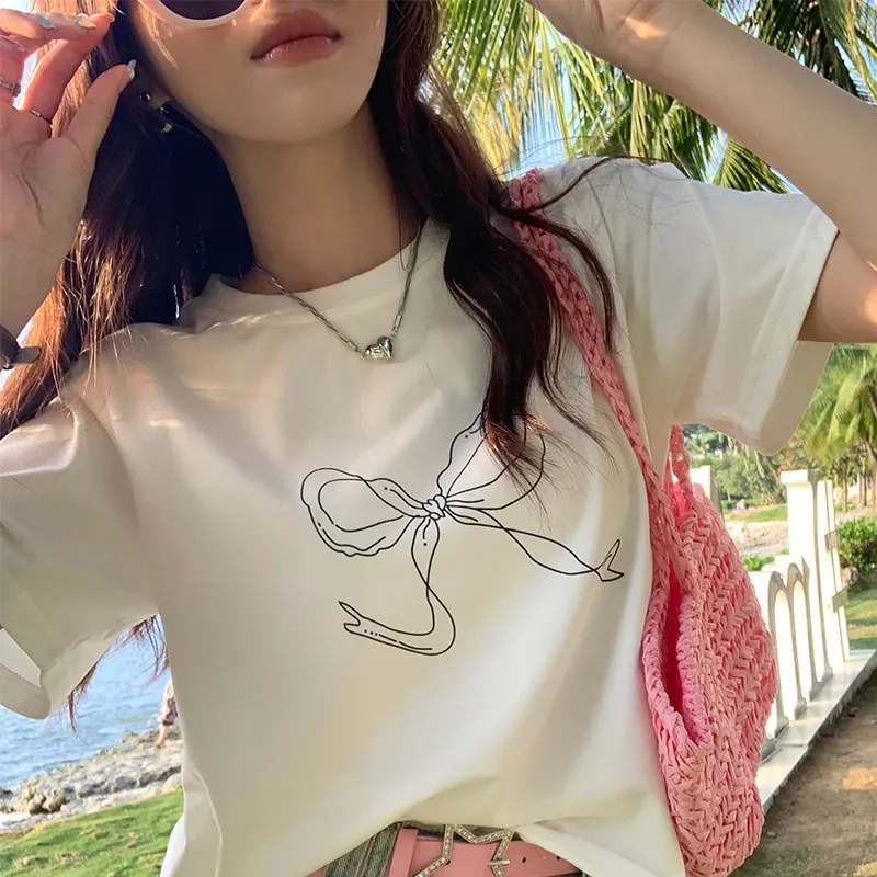 Women Fashion Casual Bowknot Printed Short-Sleeve Loose T-Shirt - Image 3