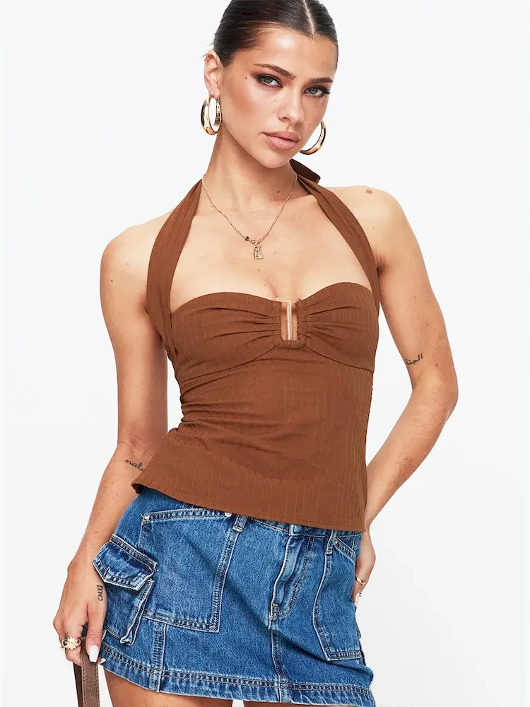 Women Fashion Sexy Solid Color Halter-Neck Backless Lace-Up Tank Top - Image 9