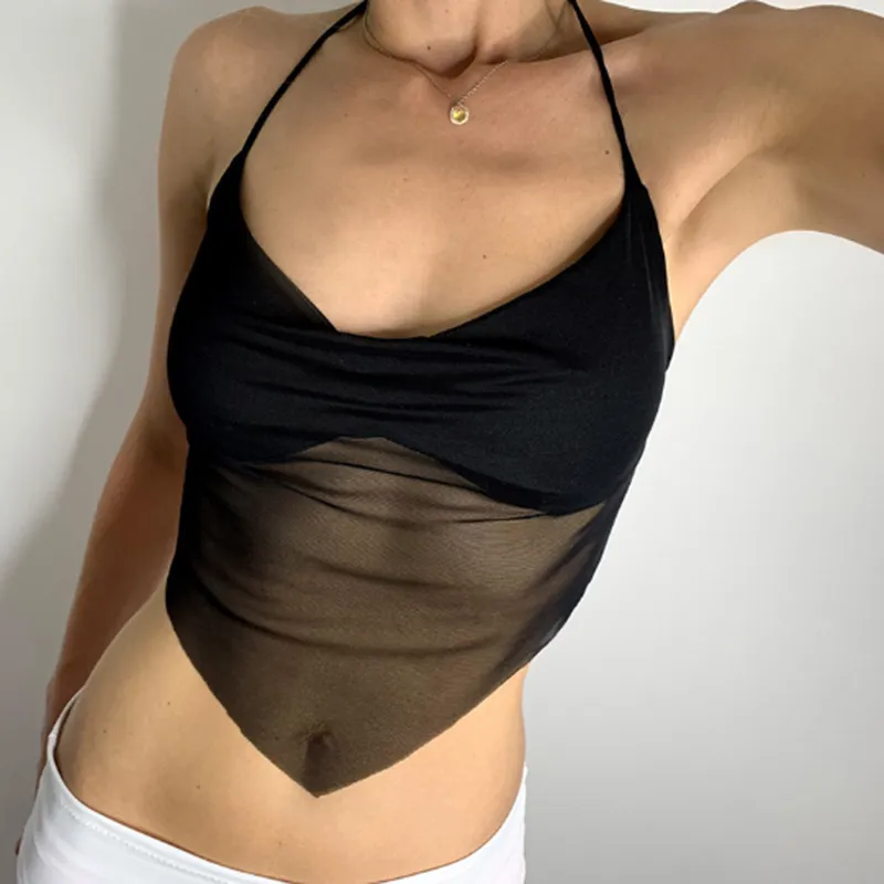 Women Fashion Sexy Pleated Mesh Perspective Halter-Neck Backless Lace-Up Camisole - Image 5