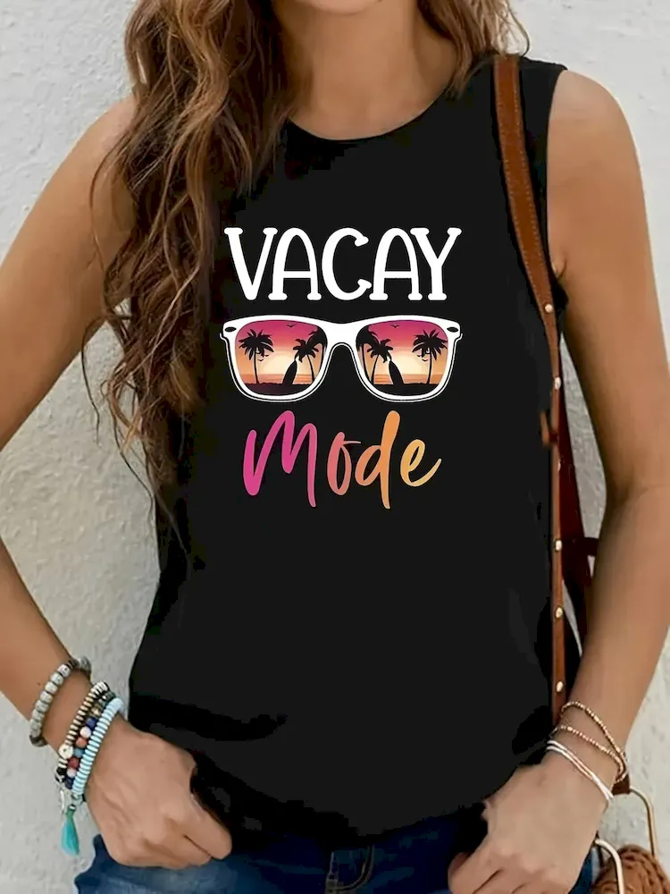Women Fashion Casual Printed Round Neck Sleeveless Tank Top - Image 9