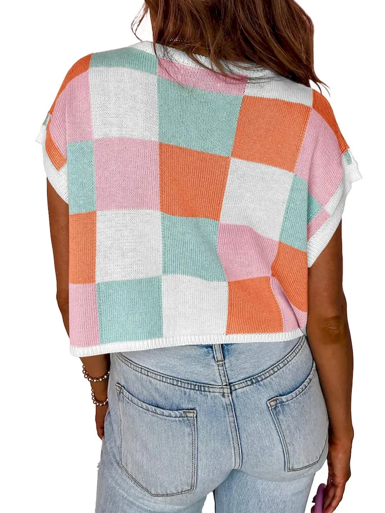 Women Fashion Casual Color Block Round Neck Short Sleeve Knitted Top - Image 4