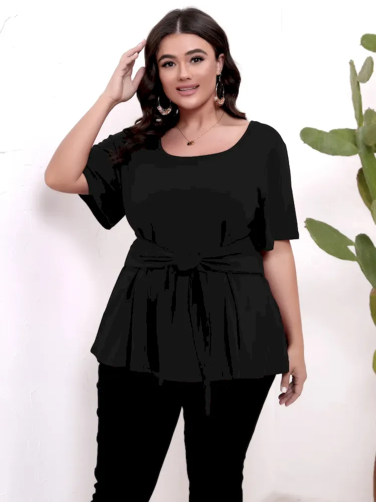 Women Casual Plus Size Solid Color Round Neck Short-Sleeve Lace-Up T-Shirt - Image 3