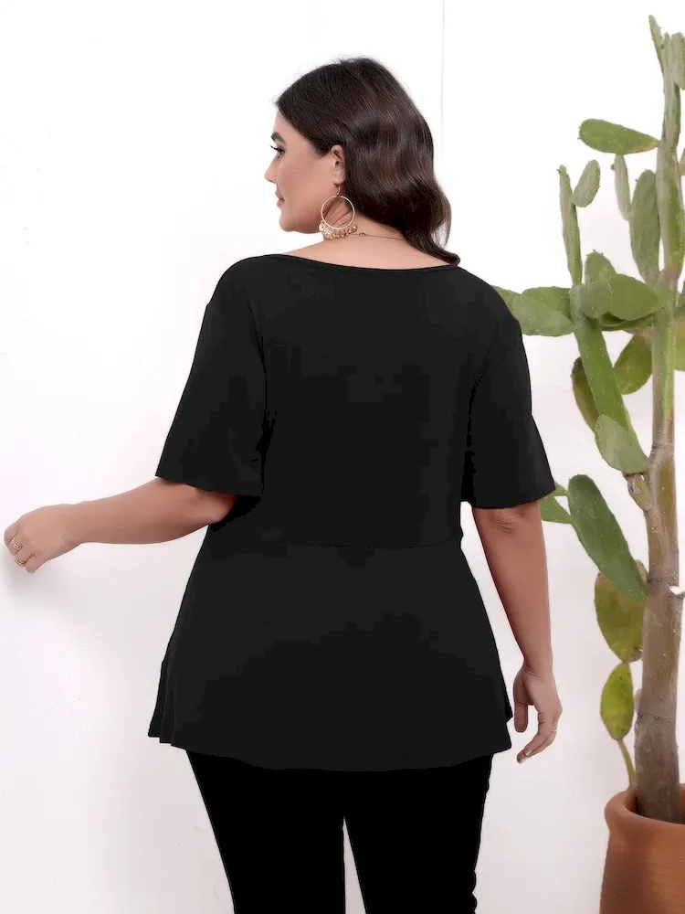 Women Casual Plus Size Solid Color Round Neck Short-Sleeve Lace-Up T-Shirt - Image 4