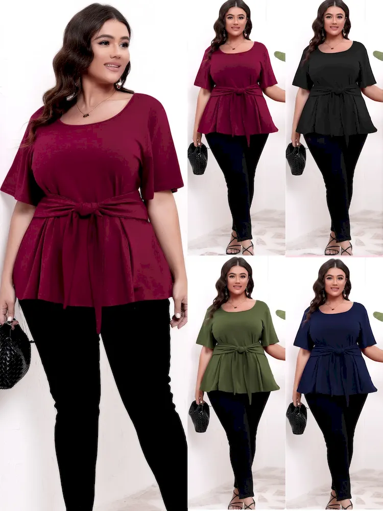 Women Casual Plus Size Solid Color Round Neck Short-Sleeve Lace-Up T-Shirt - Image 5