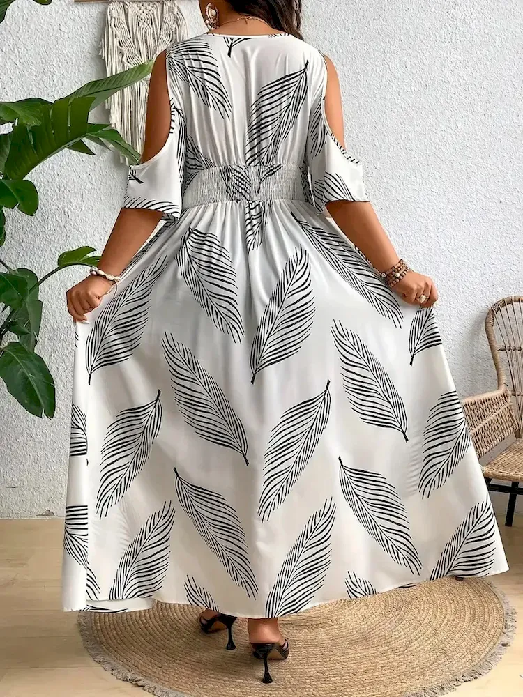 Women Fashion Sexy Plus Size Printed V-Neck Hollow-Out Short-Sleeve Loose Dress - Image 3