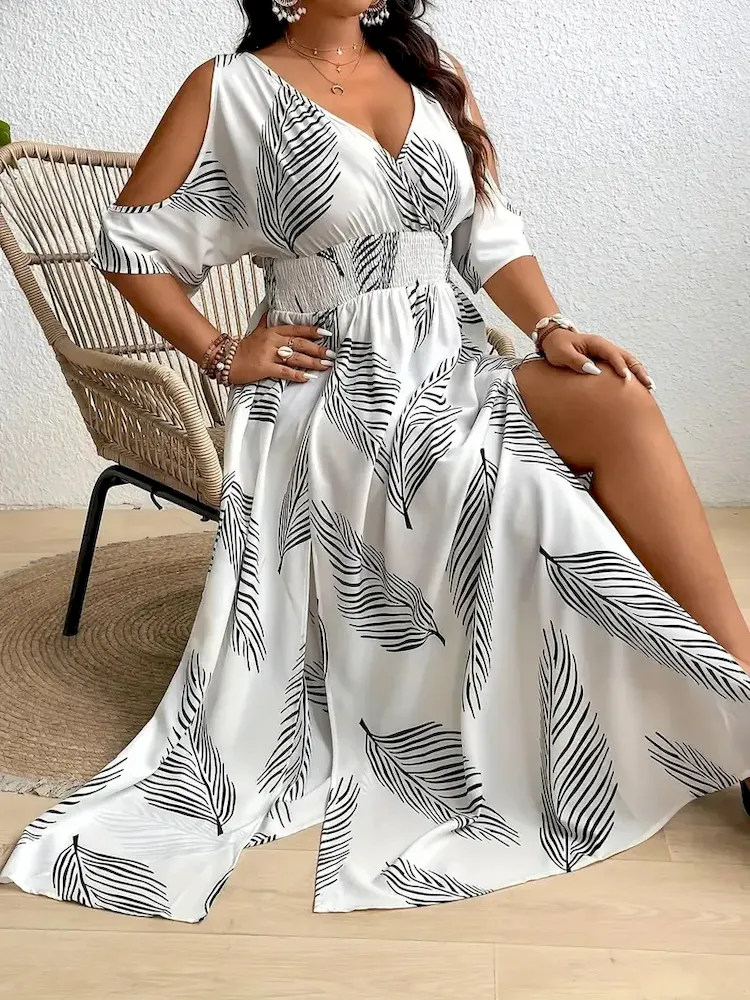 Women Fashion Sexy Plus Size Printed V-Neck Hollow-Out Short-Sleeve Loose Dress - Image 5