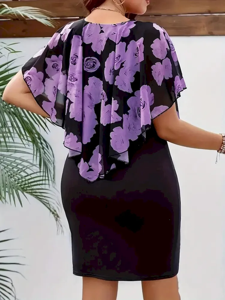 Women Fashion Sexy Plus Size Floral Print Short-Sleeve Slim Fit Dress - Image 3