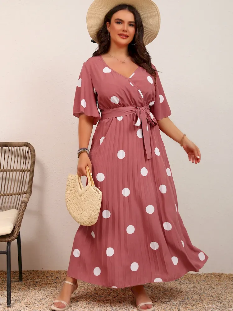 Women Fashion Casual Plus Size Dot Print V-Neck Short-Sleeve Lace-Up Dress - Image 3