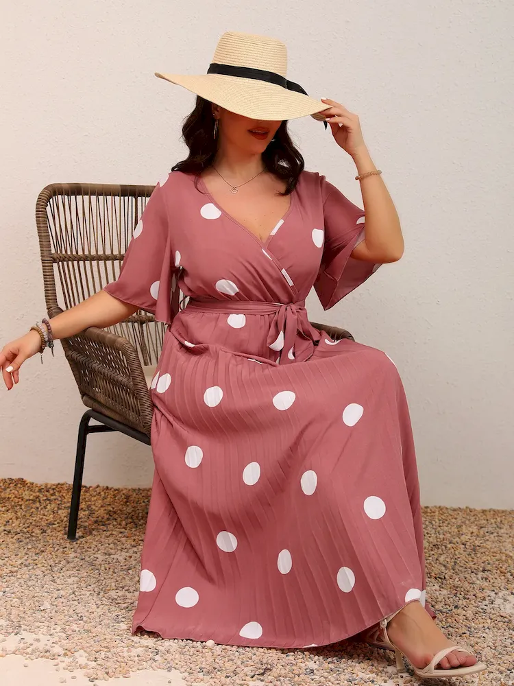 Women Fashion Casual Plus Size Dot Print V-Neck Short-Sleeve Lace-Up Dress - Image 4