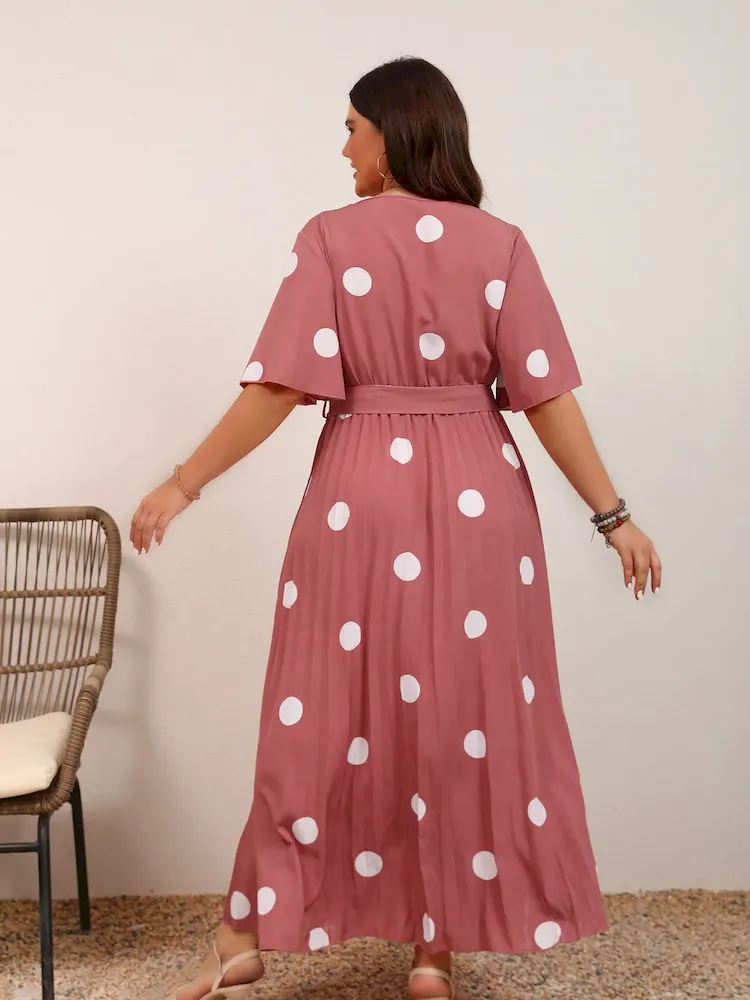 Women Fashion Casual Plus Size Dot Print V-Neck Short-Sleeve Lace-Up Dress - Image 5