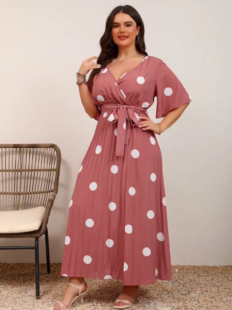 Women Fashion Casual Plus Size Dot Print V-Neck Short-Sleeve Lace-Up Dress - Image 6