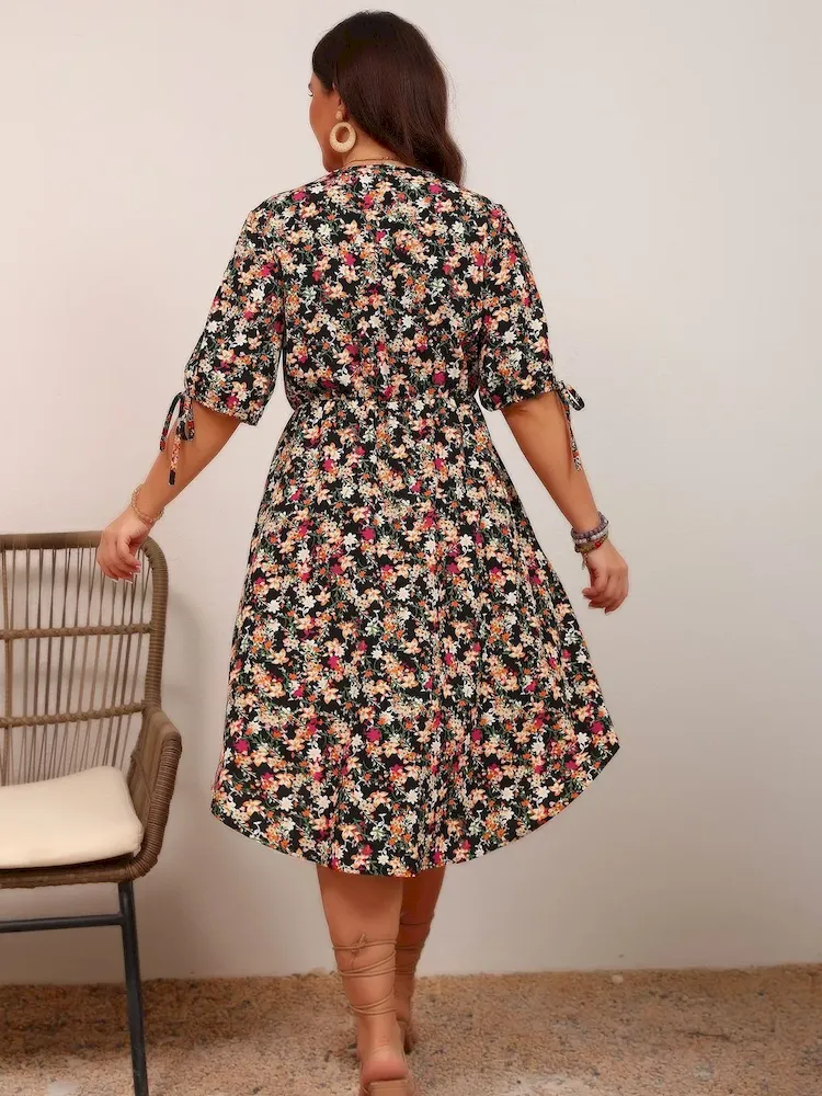 Women Fashion Elegant Plus Size Floral Printed V-Neck Drawstring Short-Sleeve Dress - Image 4