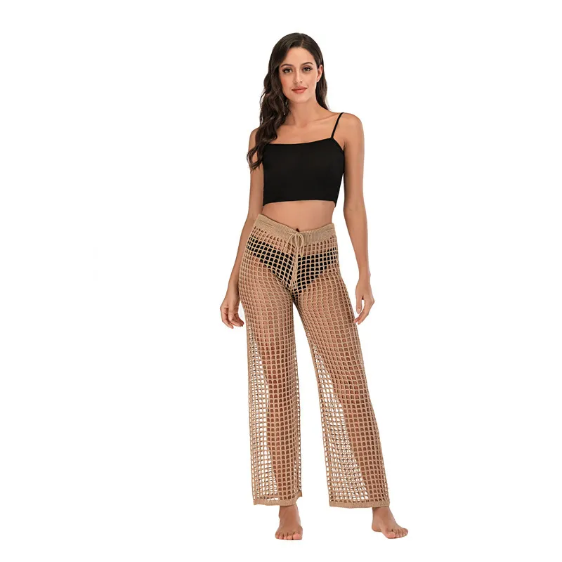 Women Fashion Casual Hollow Out Knitted Wide Leg Pants