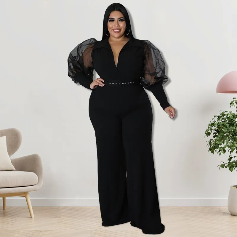Plus Size Women Color Contrast Collar Jumpsuits - Image 6