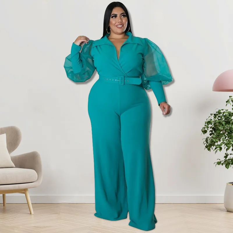 Plus Size Women Color Contrast Collar Jumpsuits - Image 7