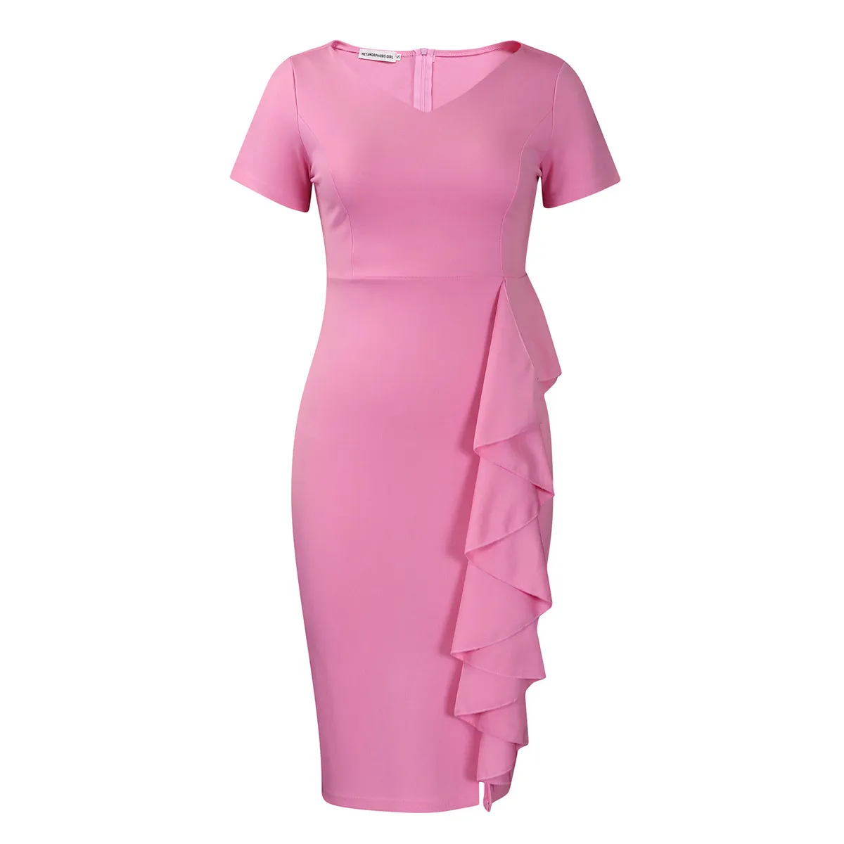 Women Fashion Elegant Plus Size Ruffled Solid Color Short-Sleeve High Waist Dress - Image 5
