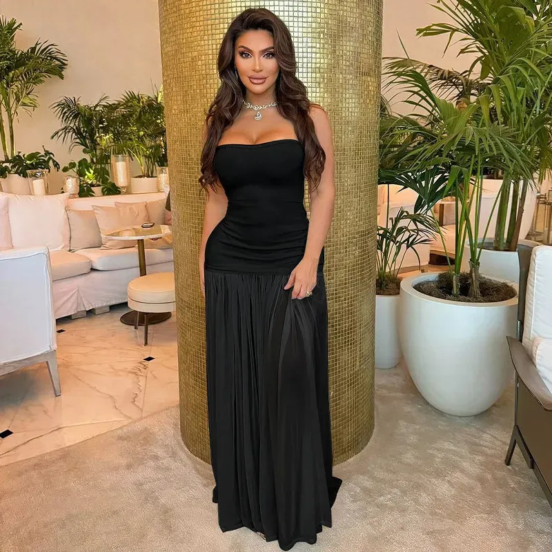 Women Fashion Sexy Solid Color Tube Maxi Dress - Image 7