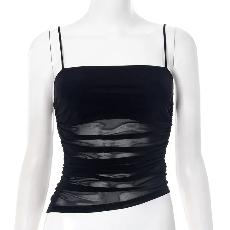 Women Summer Solid Color Mesh Pleated Slim-Fit Camis - Image 6