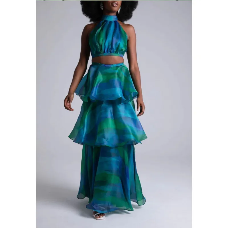Women Fashion Elegant Printed Round Neck Sleeveless Ruffled Dress - Image 6