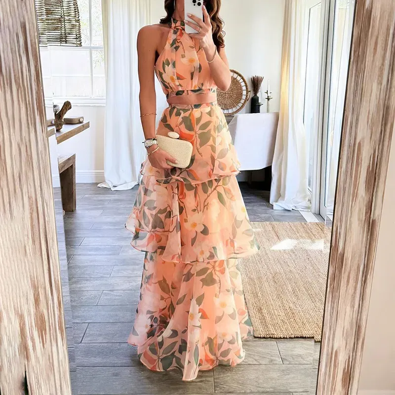 Women Fashion Elegant Printed Round Neck Sleeveless Ruffled Dress - Image 7