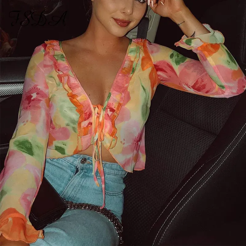 Women Fashion Sexy Printed Perspective Deep V-Neck Long Sleeve Crop Top - Image 4