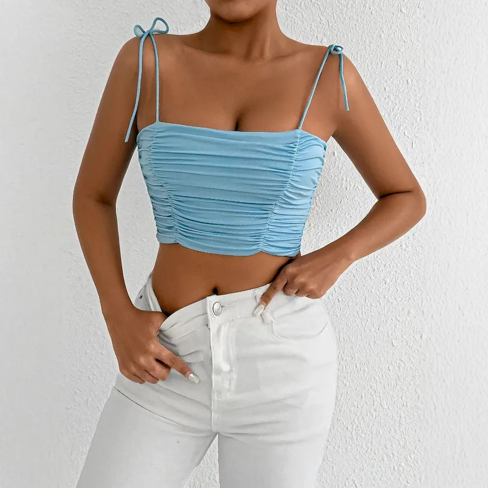 Women Fashion Sexy Solid Color Pleated Lace-Up Camisole - Image 5