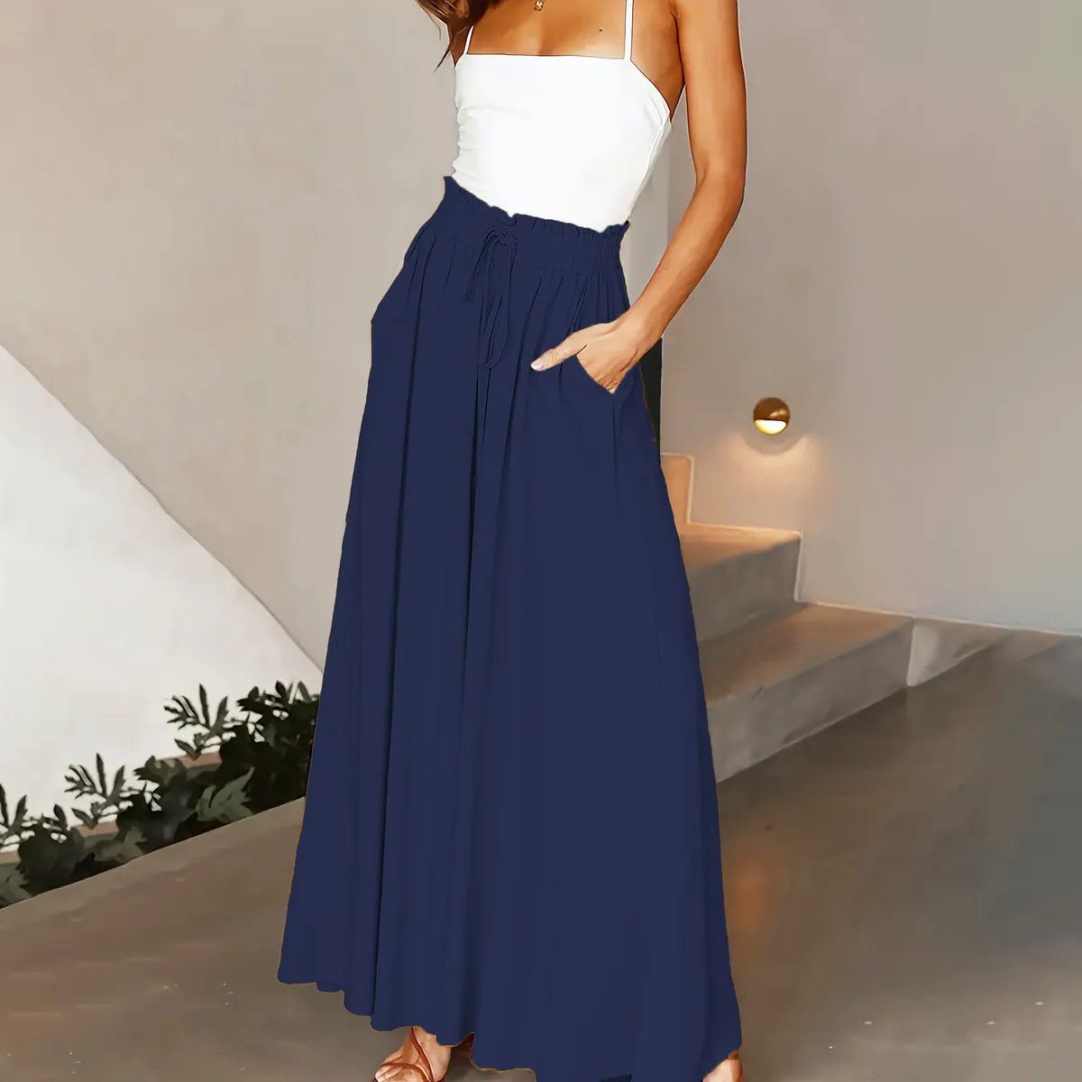 Women Casual Solid Color High Waist Wide Leg Pants - Image 11