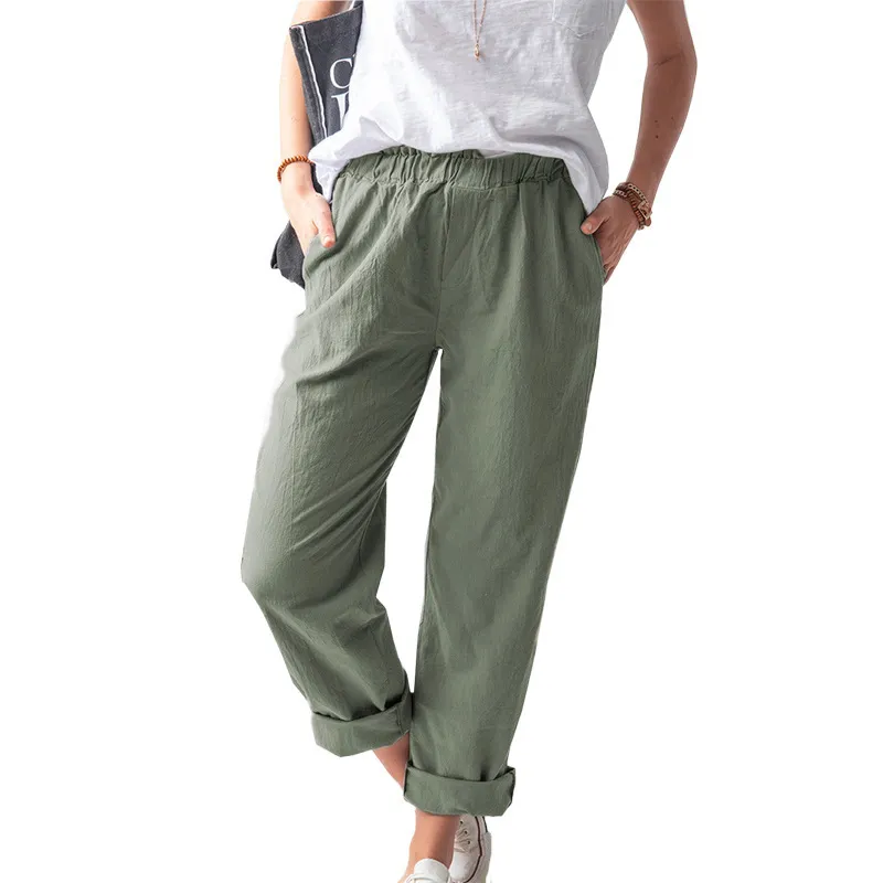 Women Casual Solid Color Cotton And Linen High Waist Pants - Image 3