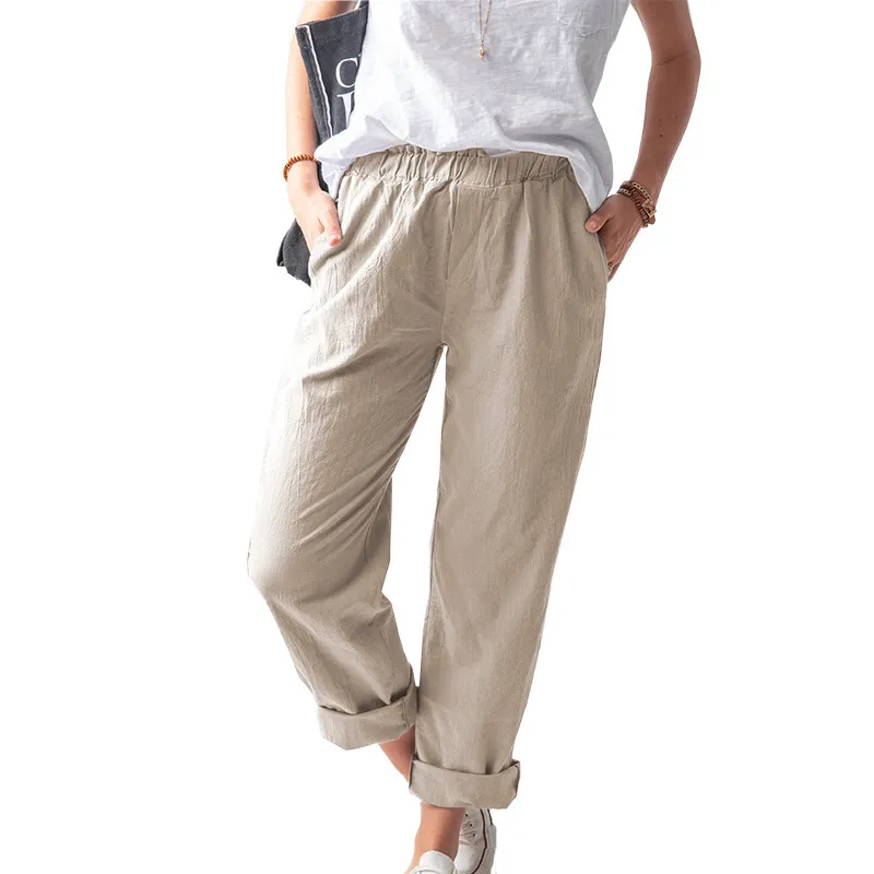 Women Casual Solid Color Cotton And Linen High Waist Pants - Image 4