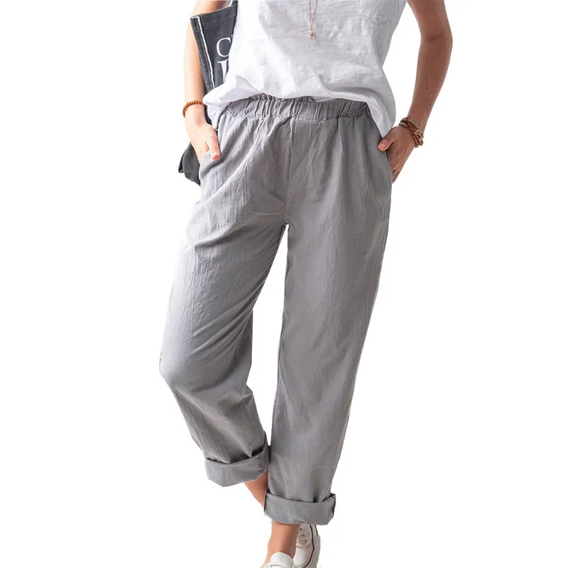 Women Casual Solid Color Cotton And Linen High Waist Pants - Image 7