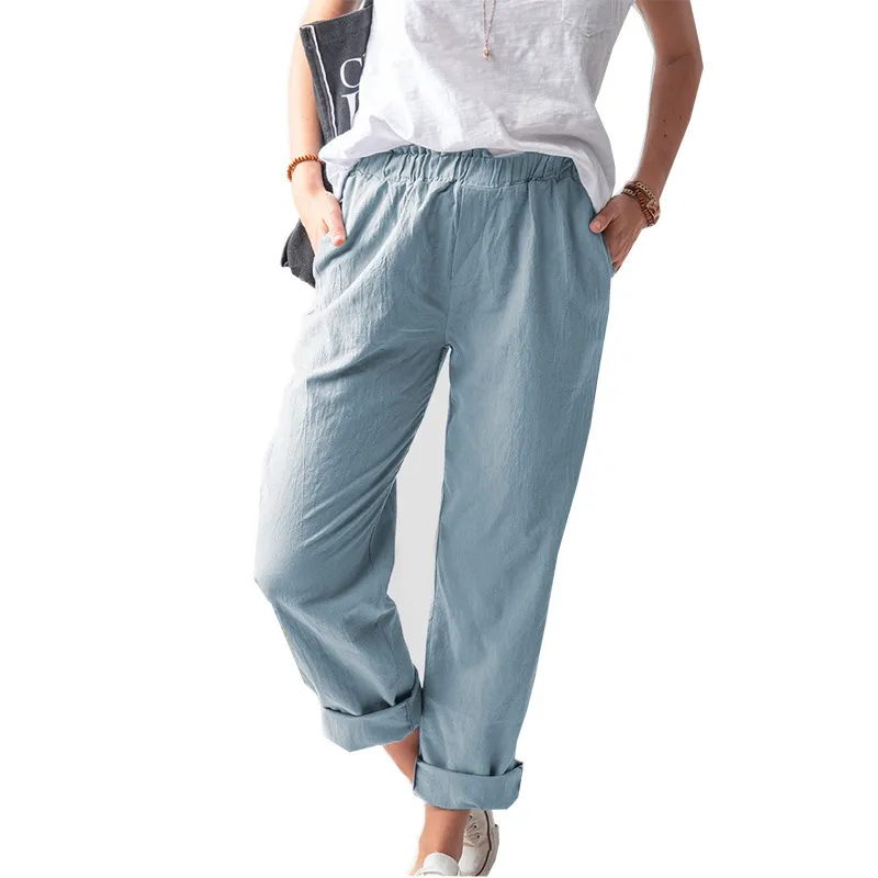 Women Casual Solid Color Cotton And Linen High Waist Pants - Image 9