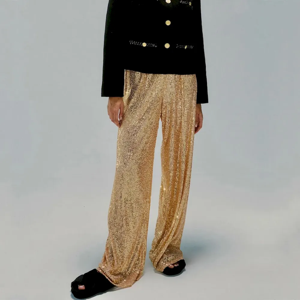 Women Fashion Casual Solid Color Sequin Slim-Fit Straight Pants