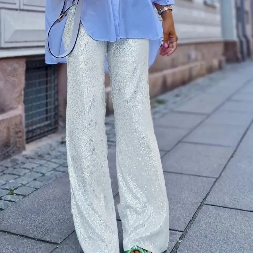 Women Fashion Casual Solid Color Sequin Slim-Fit Straight Pants - Image 6