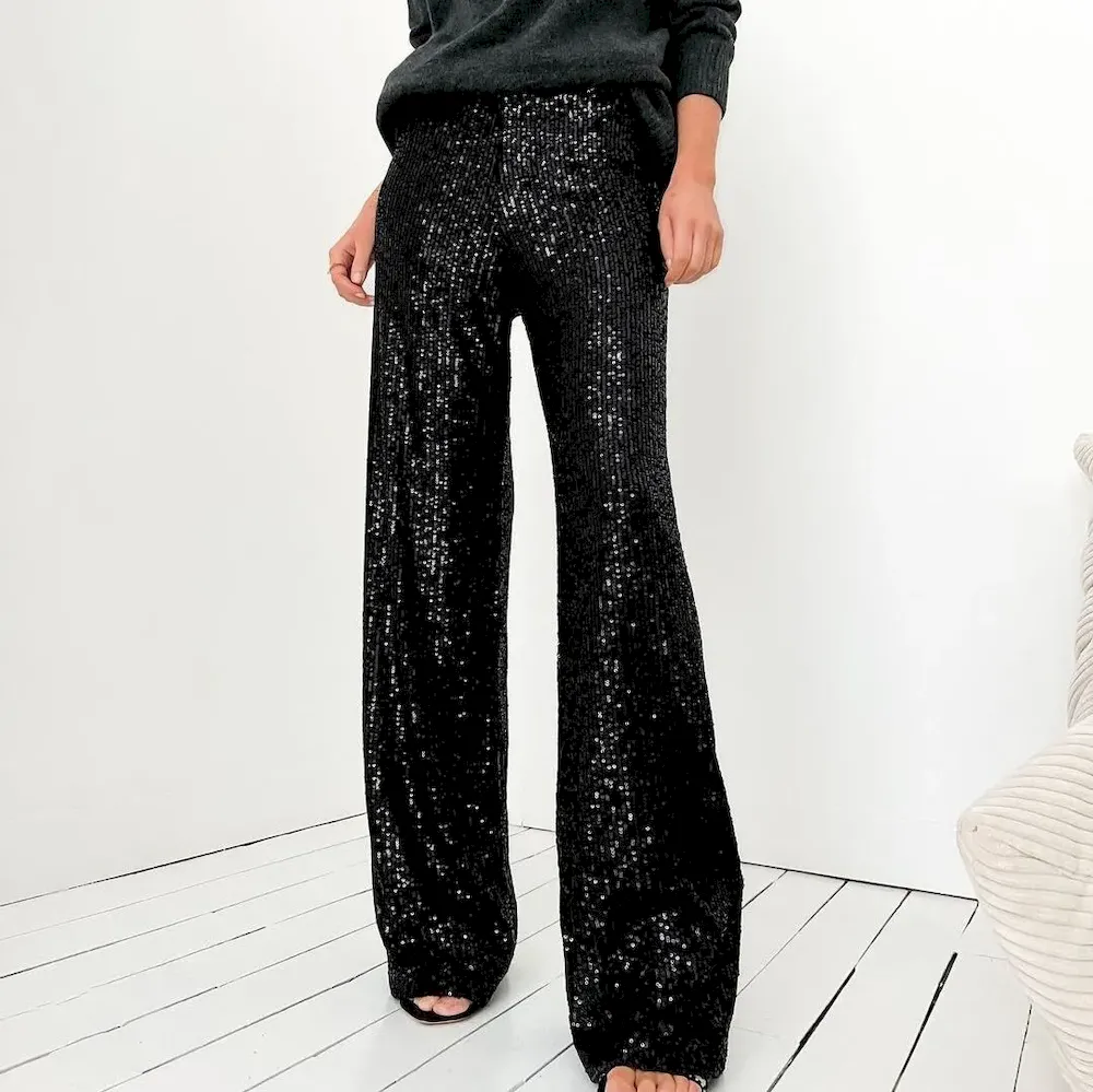 Women Fashion Casual Solid Color Sequin Slim-Fit Straight Pants - Image 7