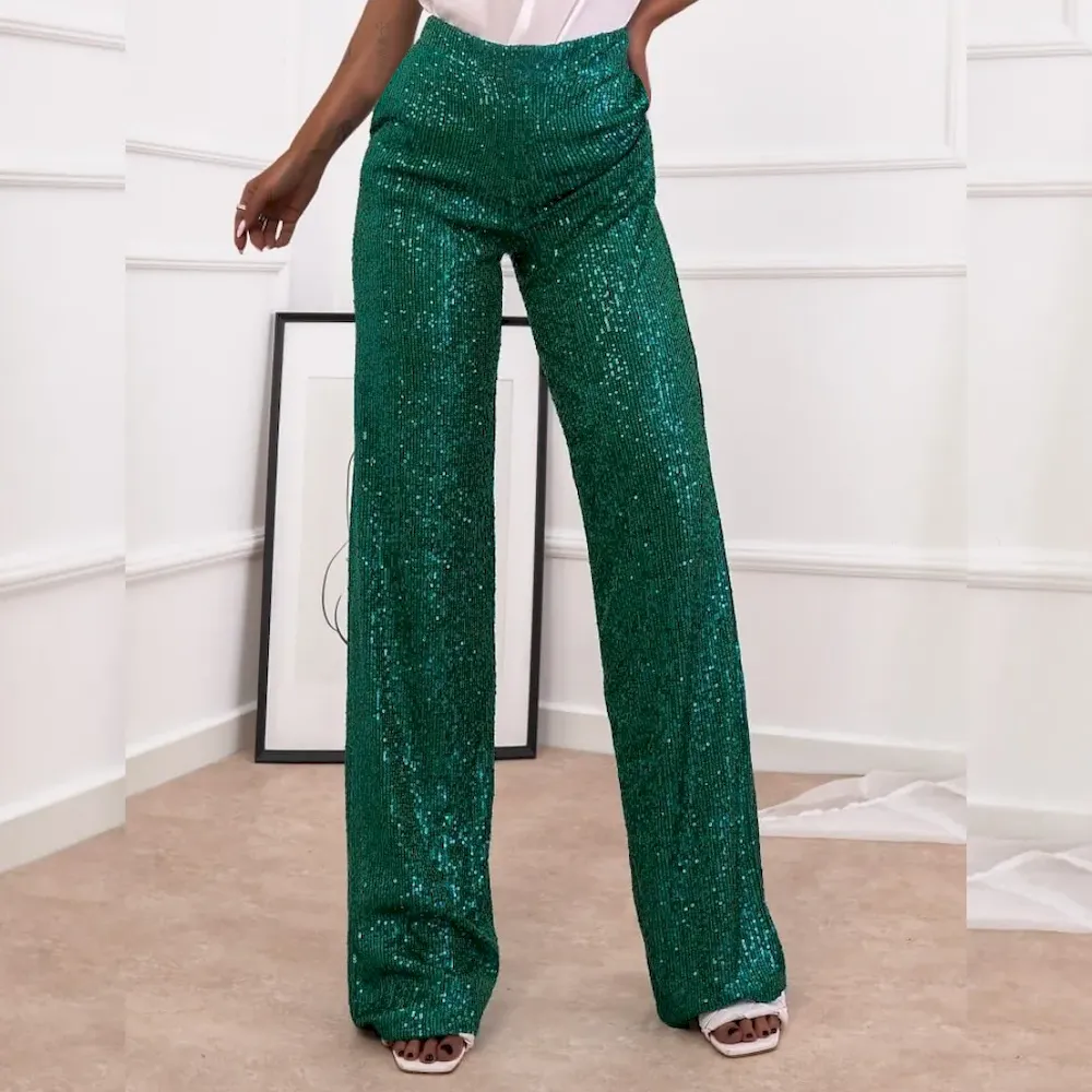 Women Fashion Casual Solid Color Sequin Slim-Fit Straight Pants - Image 9