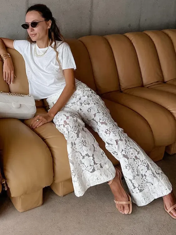 Women Fashion Sexy Lace Jacquard Hollow-Out Flared Pants - Image 3