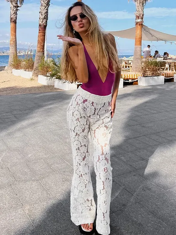 Women Fashion Sexy Lace Jacquard Hollow-Out Flared Pants - Image 4