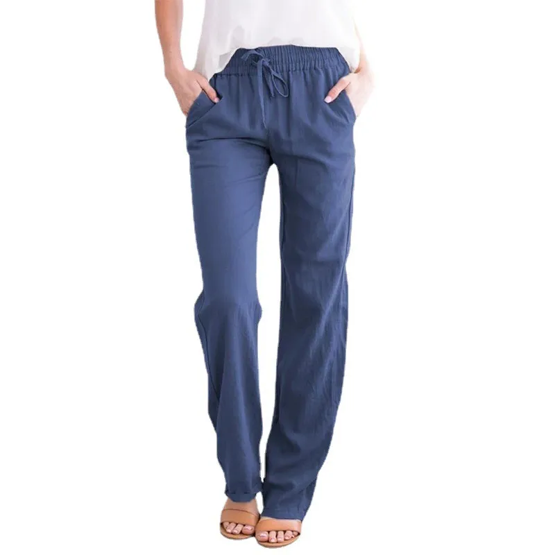 Women Casual Solid Color Cotton And Linen Drawstring Loose Wide-Leg Pants - Image 3