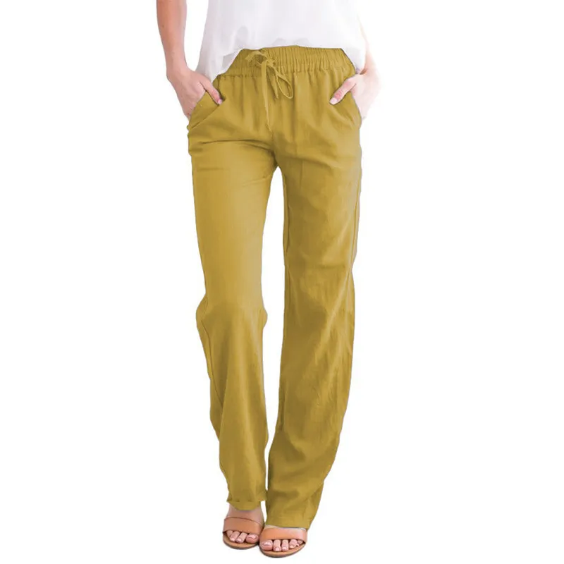 Women Casual Solid Color Cotton And Linen Drawstring Loose Wide-Leg Pants - Image 8