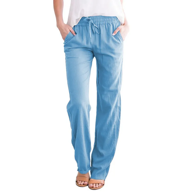 Women Casual Solid Color Cotton And Linen Drawstring Loose Wide-Leg Pants - Image 16